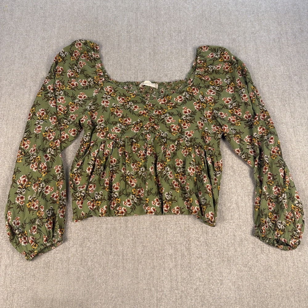 Altar'd State Floral Crop Top Womens Medium Green Puff Sleeve Boho V-Neck